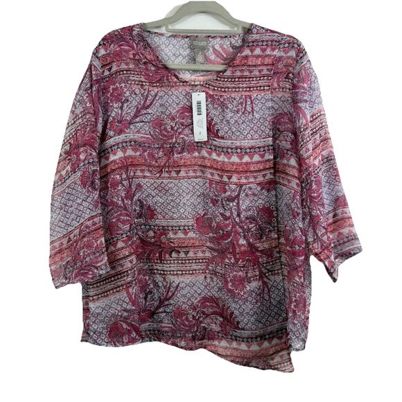 Chico’s New Soft Mosaic Stripes Asymmetrical Hem Blouse Large Sheer 3/4 Sleeve - Picture 1 of 12